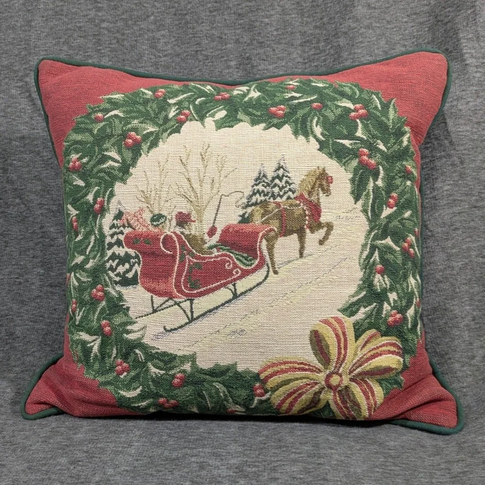 Vintage Christmas Woven Tapestry Pillow Horse Sleigh Wreath Red Green 16x16